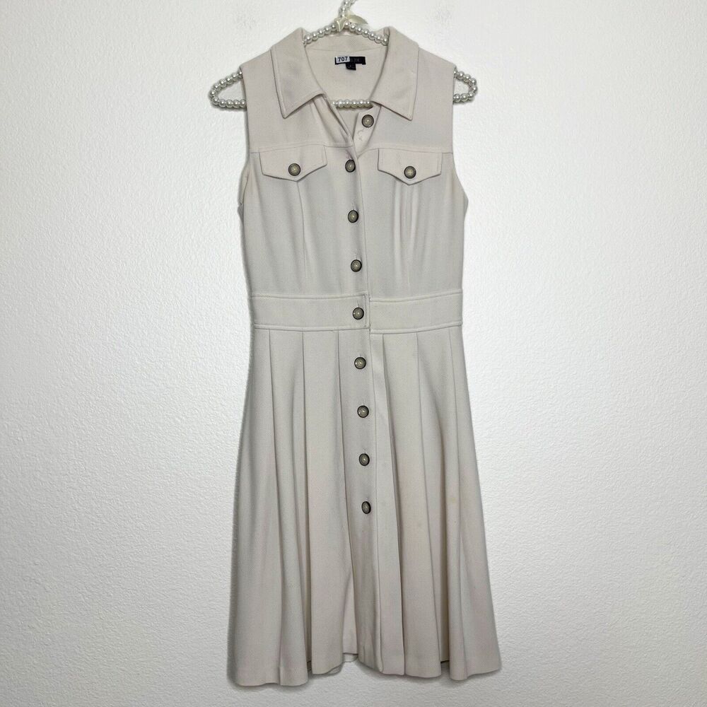Rachel Zoe Dress Sz 2 Tennis Textured Sleeveless Button Pleated Preppy Neutral